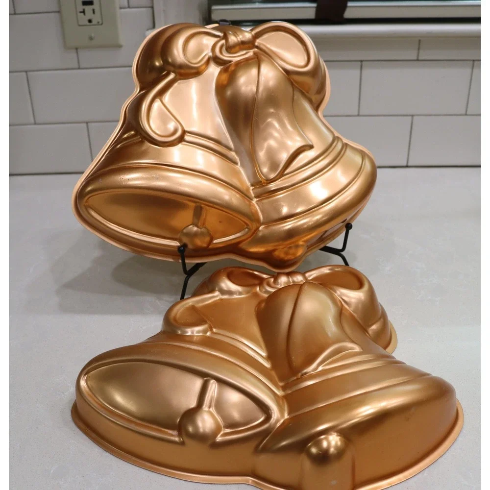 Vintage Copper Colored Aluminum Double Bell Pan Holiday Wedding Mold set/2
